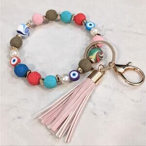 BEADY EYED Beaded Tassel Hoop Style Gold Tone Keychain